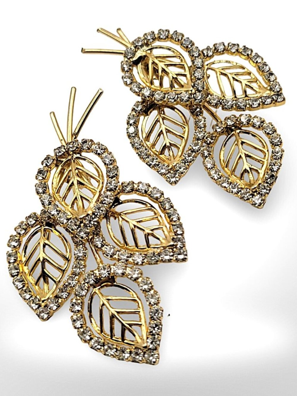 90s Gold Tone Rhinestone Leaf Drop Earrings